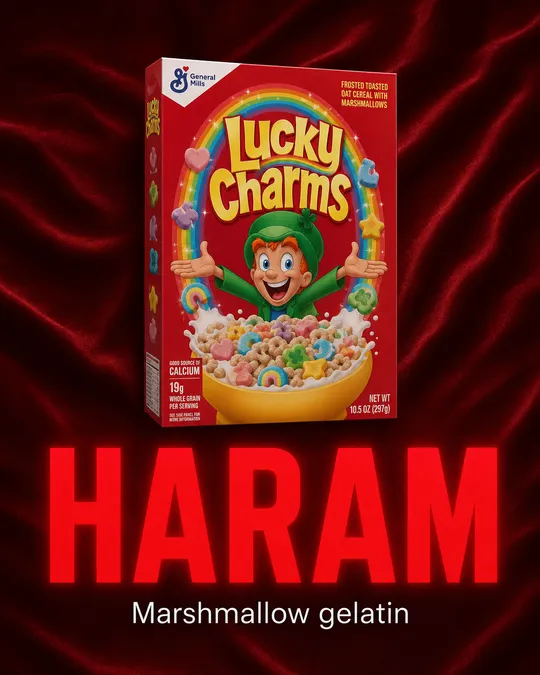 HalalSafe app showing a HARAM verdict on a Lucky Charms cereal box with 'Marshmallow gelatin' as the reason.